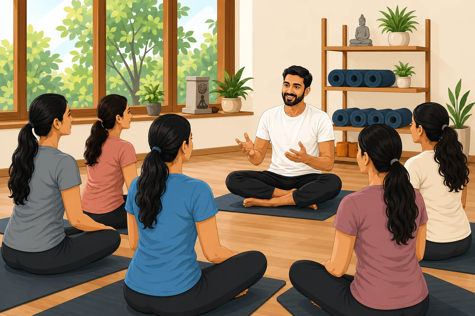 Yoga instructor guiding students in a professional yoga class